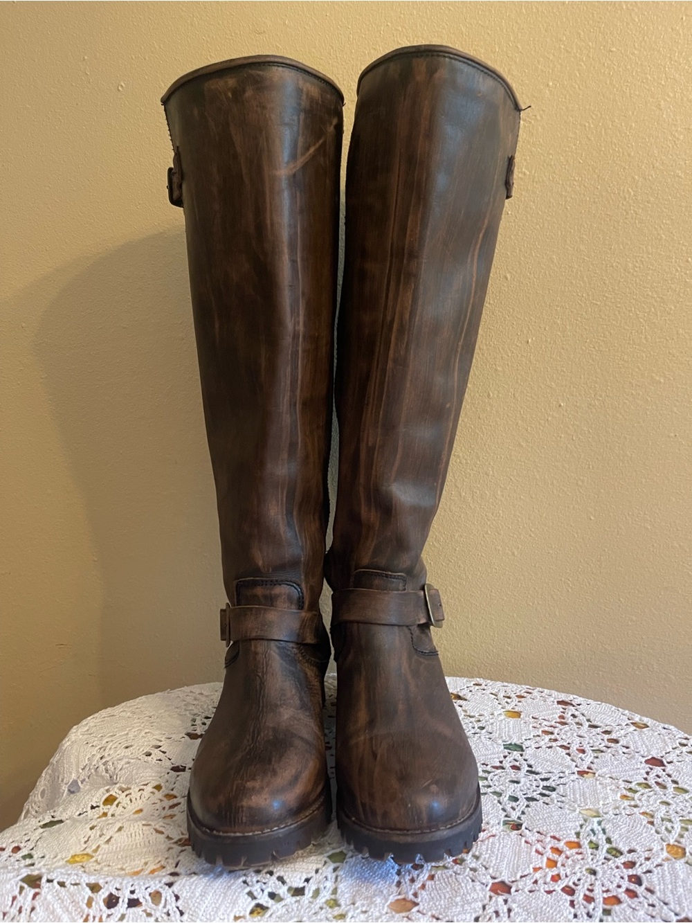 Freebird Tall Brown Distressed Leather Riding Boots, zipper and buckle